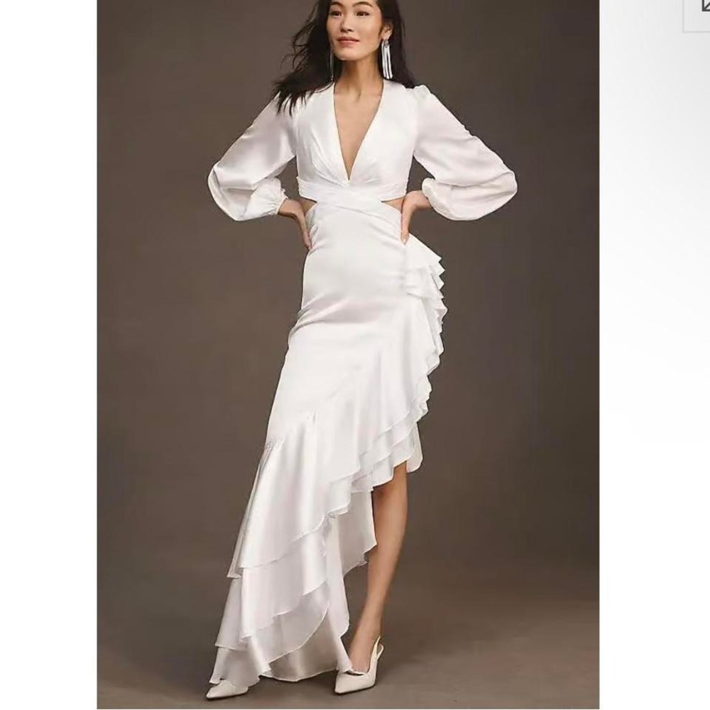 Mac Duggal Anthropologie Asymmetric cutout ruffled ivory gown dress